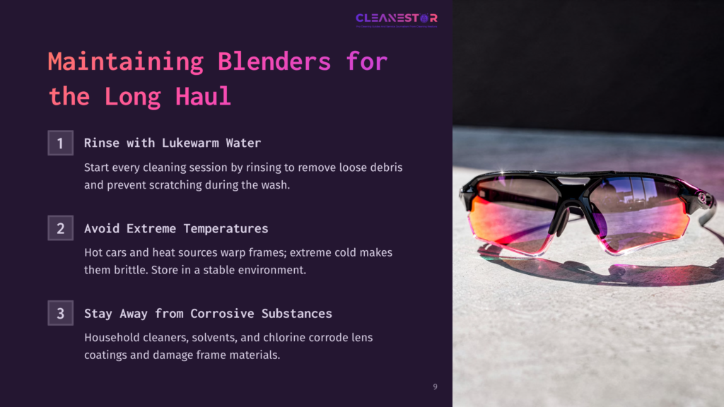 Sunglasses With A Glossy Frame And Gradient Pink Lenses On A Textured Surface, Accompanied By Cleaning Tips In Bold Purple Text.