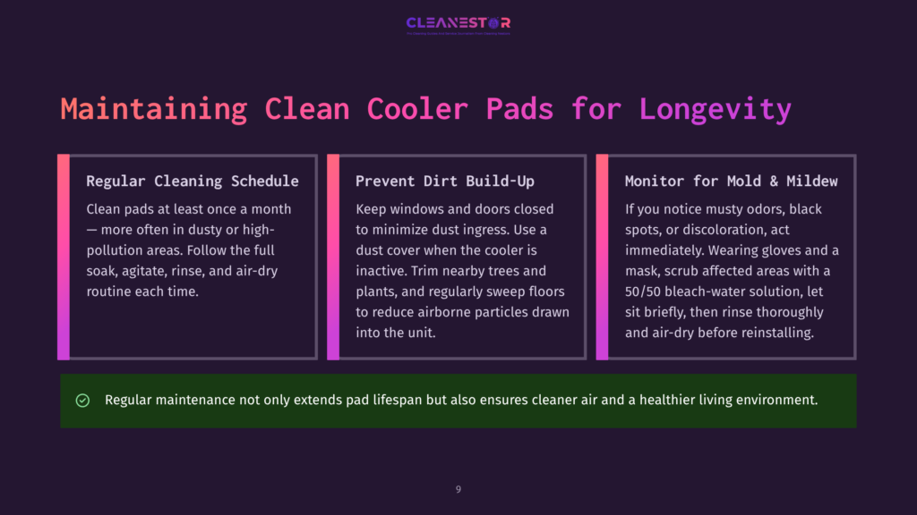 9 Maintaining Clean Cooler Pads For Longevity Infographic Titled &Quot;Maintaining Cooler Pads For Longevity&Quot; With Three Columns: &Quot;Regular Cleaning Schedule,&Quot; &Quot;Prevent Dirt Build-Up,&Quot; And &Quot;Monitor For Mold &Amp; Mildew,&Quot; Plus A Footer About Regular Maintenance Extending Pad Lifespan.