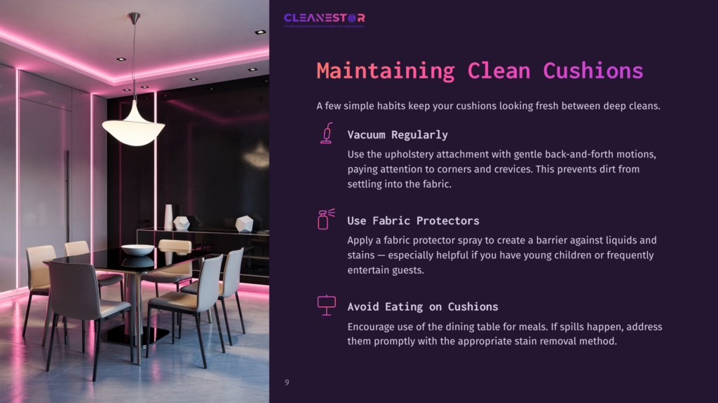 9 Maintaining Clean Cushions Modern Dining Room With A Sleek Black Table And Chairs, Illuminated By Pink Neon Lighting. The Image Includes The Text &Quot;Cleanestor&Quot; And Tips On Maintaining Clean Cushions: Vacuuming, Fabric Protection, And Avoiding Eating On Cushions.