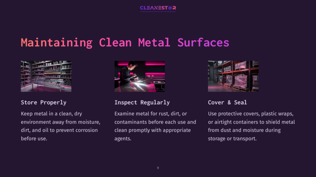 Three Sections On Maintaining Clean Metal Surfaces: Storing Metal Properly In A Clean Environment, Inspecting Metal For Rust And Dirt, And Covering Metal With Protective Materials During Storage Or Transport. The Text &Quot;Cleanestor&Quot; Is Visible At The Top.