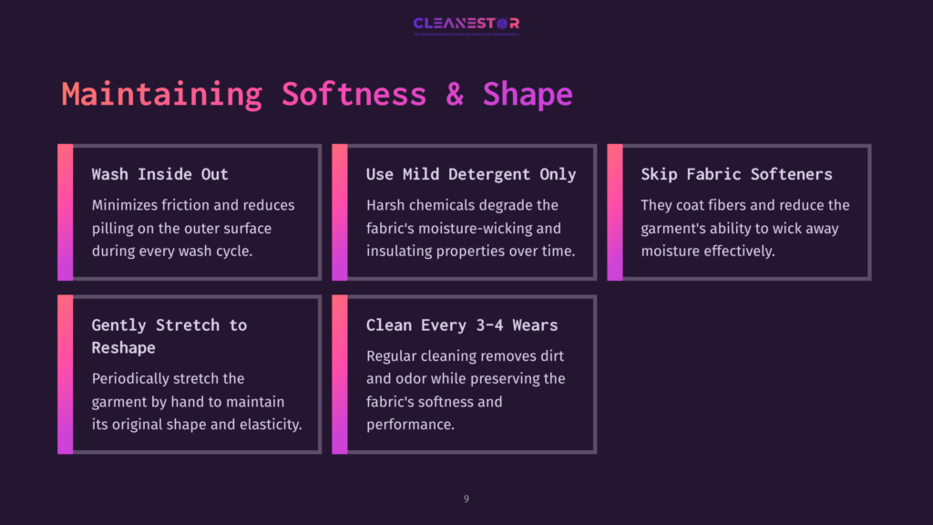 9 Maintaining Softness And Shape Graphic With Text On Maintaining Softness And Shape Of Garments: Wash Inside Out, Use Mild Detergent Only, Skip Fabric Softeners, Gently Stretch To Reshape, Clean Every 3-4 Wears.