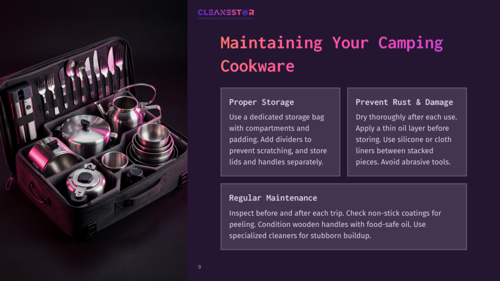 A Compact Storage Bag Contains Shiny Camping Cookware, Including Pots, Utensils, And Lids, Arranged Neatly With A Dark Purple Background.