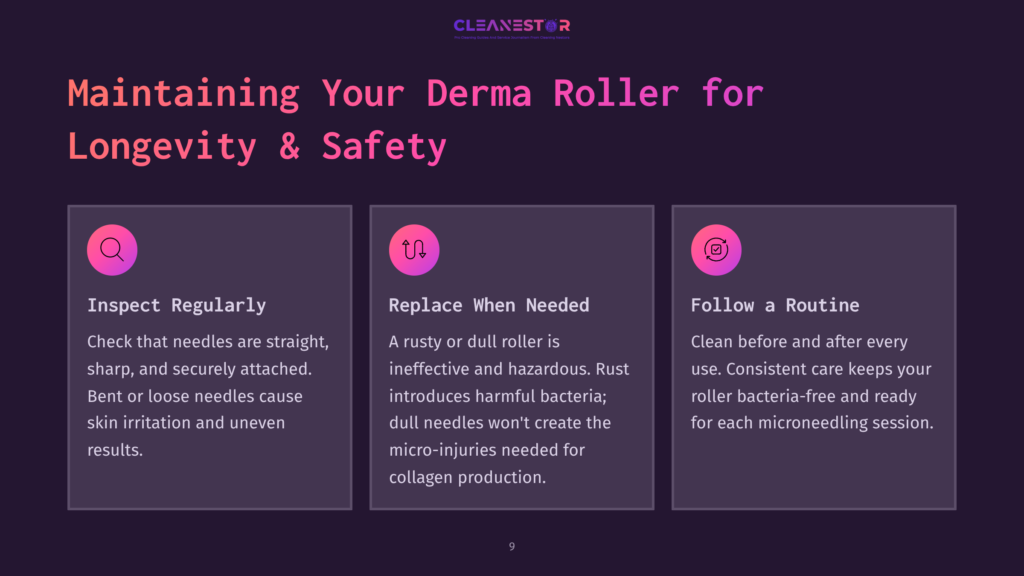 Instructions On Maintaining A Derma Roller, Featuring Pink And White Text On A Dark Background With A Layout Emphasizing Three Key Points.