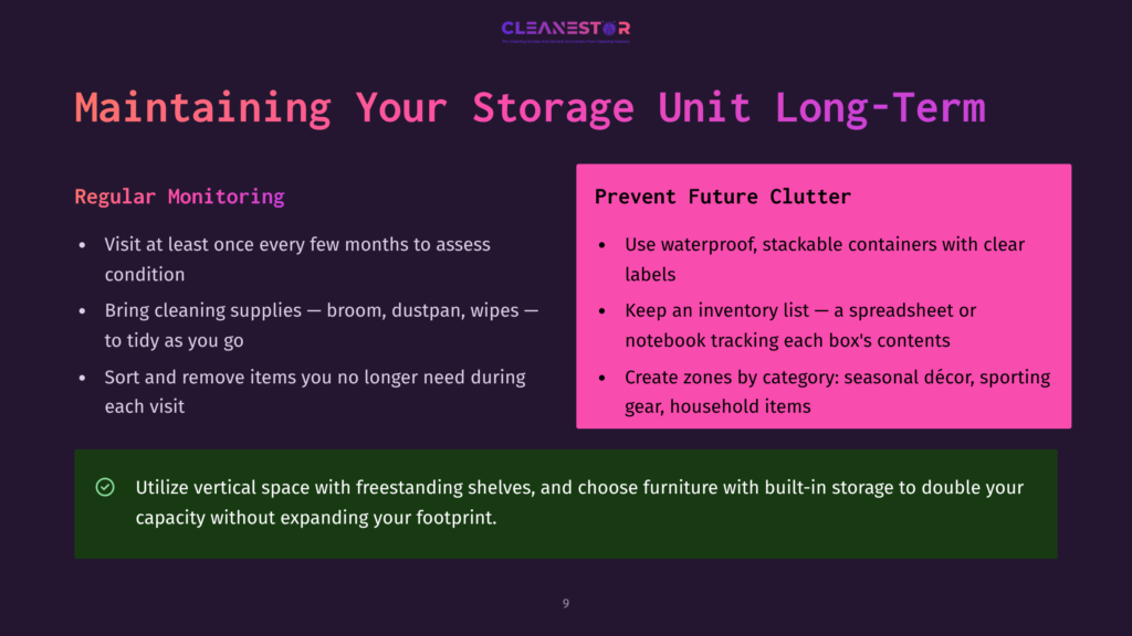 A Slide Titled &Quot;Maintaining Your Storage Unit Long-Term&Quot; From Cleanestor, Offering Tips On Regular Monitoring And Preventing Future Clutter, With Advice On Organization And Inventory.