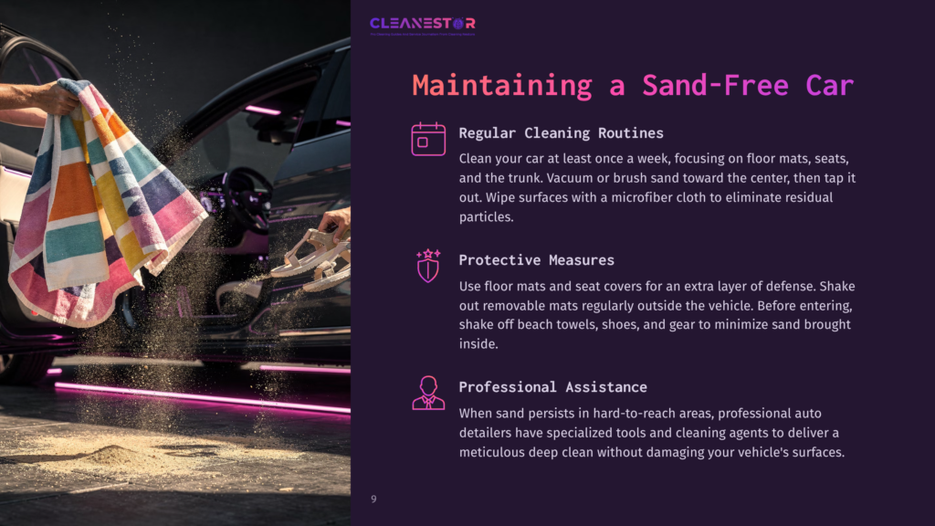 A Person Shakes Out A Colorful Towel To Remove Sand Near A Car'S Floor Mats. The Setting Is Illuminated With Pink Accents.