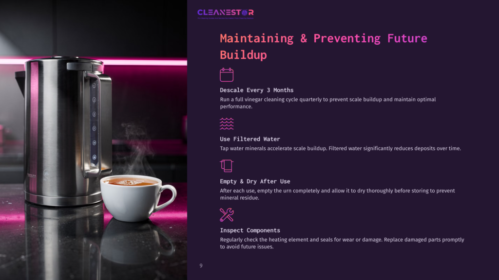 A Steaming Stainless Steel Kettle Sits On A Dark Countertop Next To A Cup Of Tea, With A Graphic Overlay Detailing Cleaning Instructions For The Kettle, Including &Quot;Decale Every 3 Months&Quot; And &Quot;Use Filtered Water.