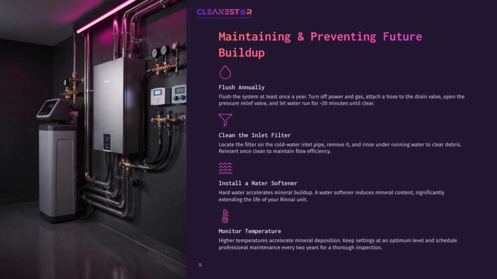 A Sleek Gray Tankless Water Heater Mounted On A Dark Wall, Surrounded By Pipes And Valves, With Instructional Text On The Right Side.