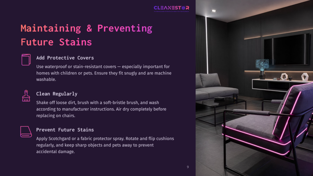 9 Maintaining And Preventing Future Stains Modern Living Room With Stylish Chairs And A Tv, Featuring A Text Overlay About Maintaining And Preventing Future Stains.
