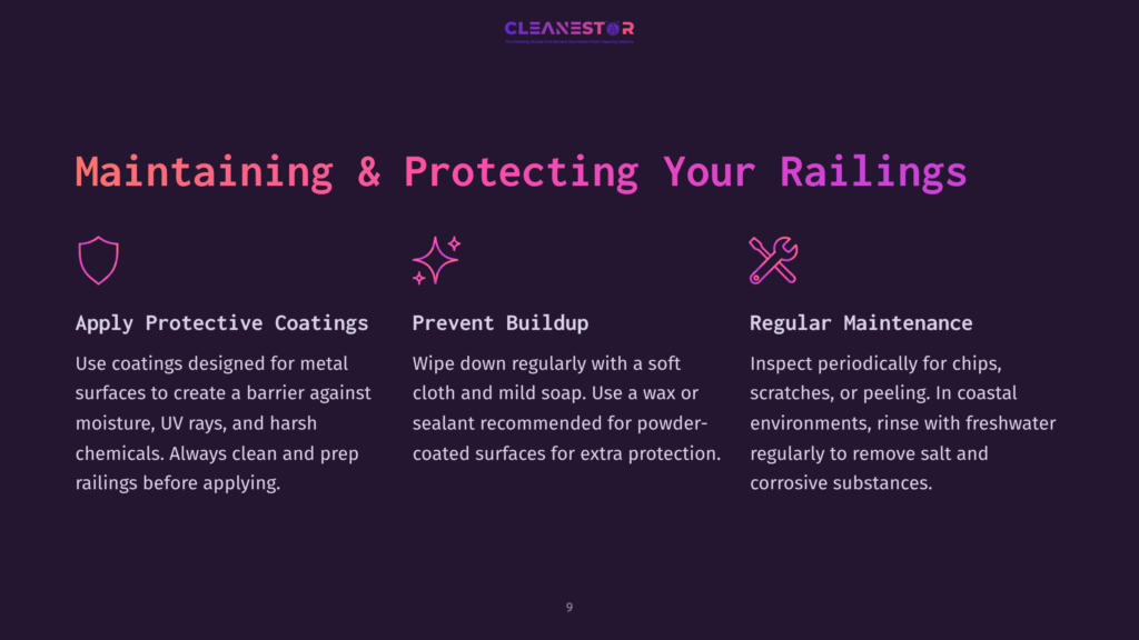 Text On A Dark Purple Background Outlines Tips For Maintaining Powder-Coated Aluminum Railings, Featuring Vibrant Icons For Cleaning And Protection.
