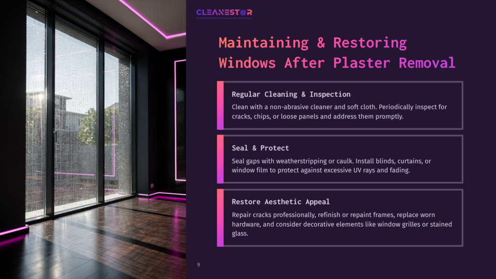 A Bright Room With Large Windows Showing Cleaned Glass, Purple Lighting, And A Guide On Maintaining Windows Post-Plaster Removal.