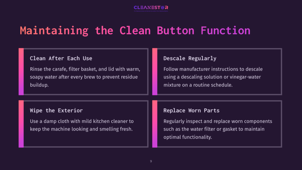 Infographic Titled &Quot;Maintaining The Clean Button Function&Quot; With Four Sections: &Quot;Clean After Each Use,&Quot; &Quot;Descale Regularly,&Quot; &Quot;Wipe The Exterior,&Quot; And &Quot;Replace Worn Parts,&Quot; Offering Tips For Coffee Maker Maintenance.