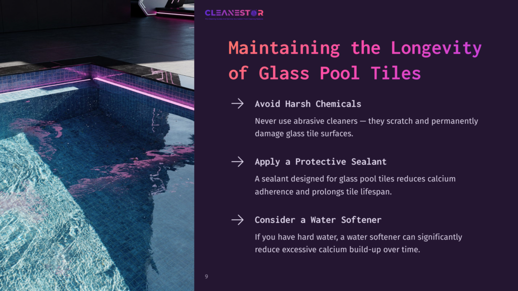 A Modern Pool Setting With Dark Tiles And Pink Lighting, Featuring Text About Cleaning And Maintaining Glass Pool Tiles.