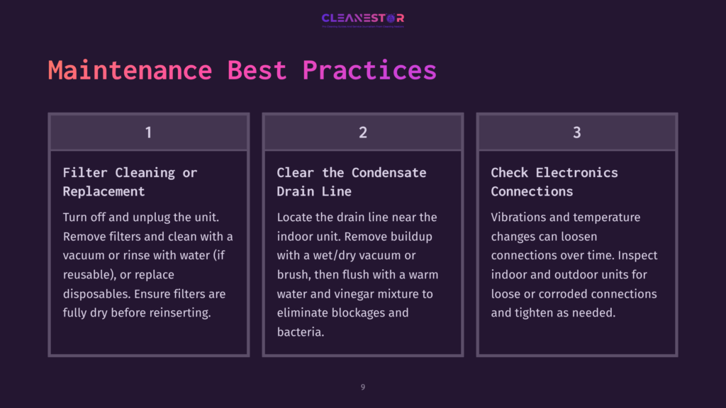 9 Maintenance Best Practices Infographic Detailing &Quot;Maintenance Best Practices&Quot; For Hvac Systems, With Three Numbered Sections: 1. Filter Cleaning Or Replacement, 2. Clear The Condensate Drain Line, 3. Check Electronics Connections.