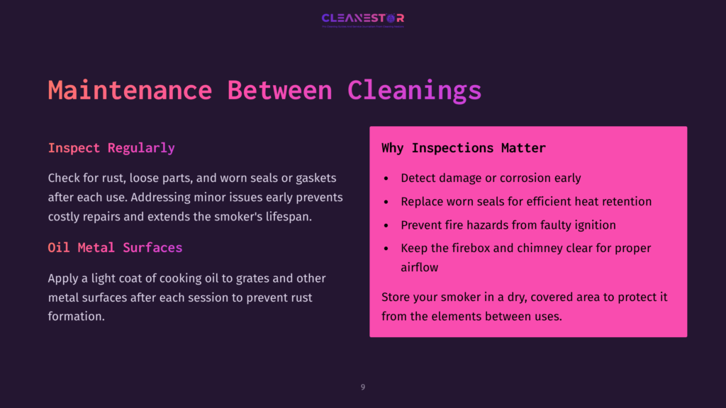 Text On A Dark Background Highlights Maintenance Tips For Offset Smokers, Featuring Sections On Inspections And Oiling Surfaces In Vibrant Colors.