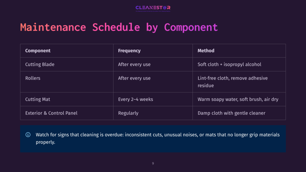 9 Maintenance Schedule By Component Maintenance Schedule For A Cutting Machine, Detailing Cleaning Frequency And Methods For Components Like Cutting Blades, Rollers, Cutting Mats, And Exterior Panels.