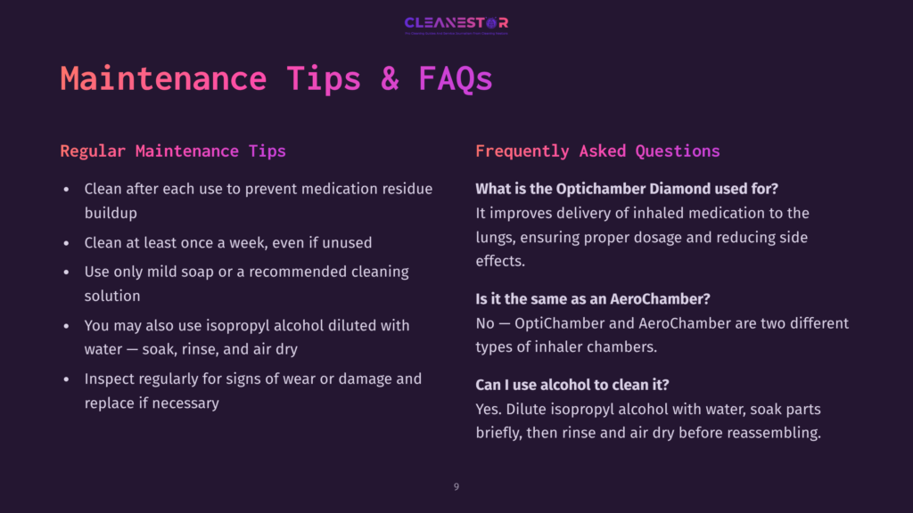 Cleanestor Logo Above &Quot;Maintenance Tips &Amp; Faqs&Quot; Heading. Left Side Lists &Quot;Regular Maintenance Tips&Quot; With Bullet Points. Right Side Lists &Quot;Frequently Asked Questions&Quot; About Optichamber Diamond And Alcohol Cleaning.