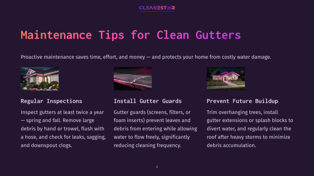 9 Maintenance Tips For Clean Gutters Cleanestor Logo With Text &Quot;Pro Cleaning Service, Home Services, Residential &Amp; Commercial Cleaning Solutions.&Quot; Below, &Quot;Maintenance Tips For Clean Gutters&Quot; And Three Images: A House At Dusk With Clean Gutters, A Close-Up Of Clean Gutter Guards, And A House At Dusk With Clean Gutters And Surrounding Trees.