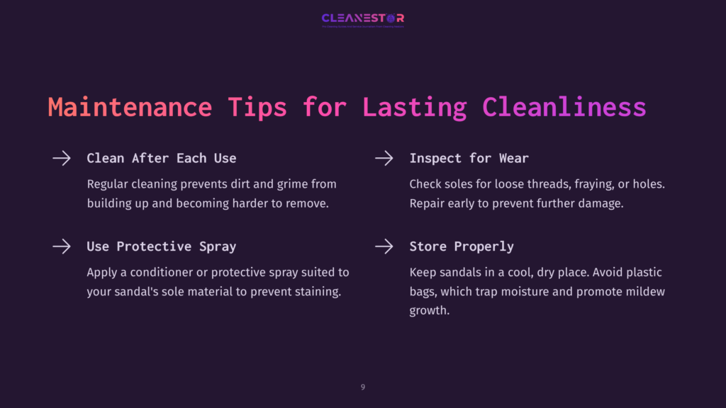 9 Maintenance Tips For Lasting Cleanliness Graphic With &Quot;Cleanestor&Quot; Logo And &Quot;Maintenance Tips For Lasting Cleanliness&Quot; Title. Four Tips Are Listed: &Quot;Clean After Each Use,&Quot; &Quot;Inspect For Wear,&Quot; &Quot;Use Protective Spray,&Quot; And &Quot;Store Properly,&Quot; Each With A Bulleted Explanation.