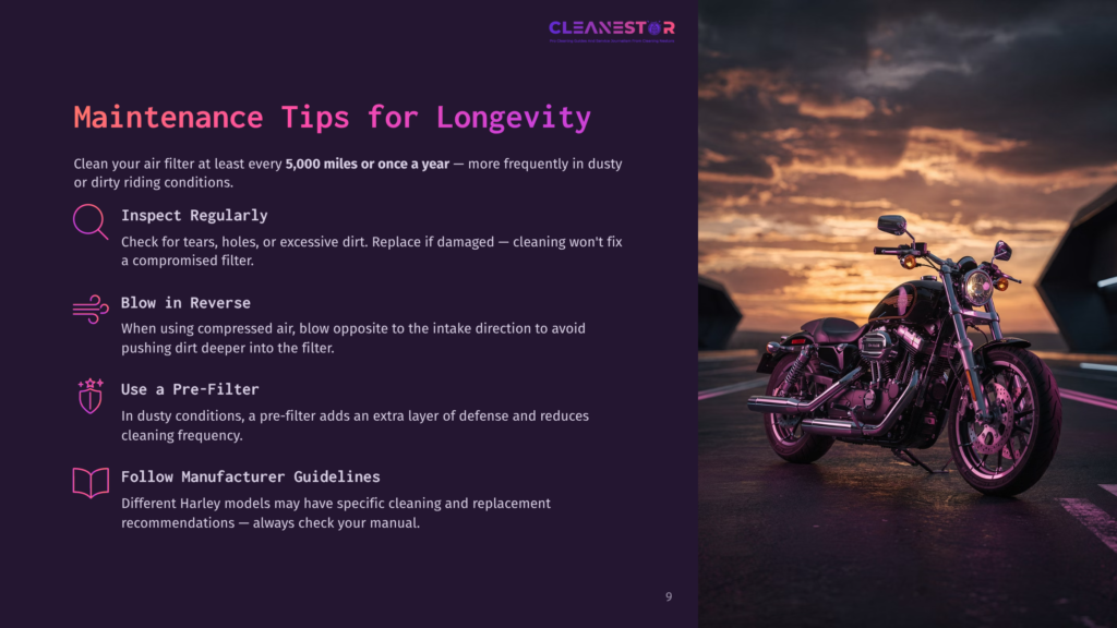 A Motorcycle Parked Against A Dramatic Sunset Backdrop. Text On The Left Outlines Maintenance Tips For Air Filters With Vibrant Colors.