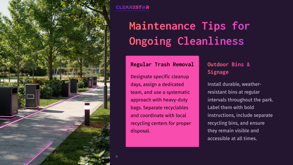 A Paved Path In A Park Lined With Greenery, Featuring Outdoor Bins And Signage For Trash Disposal, Emphasizing Cleanliness And Organization.