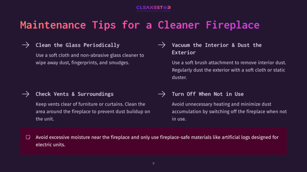 Tips For Cleaning Electric Fireplaces, Featuring Text On Maintenance Advice Against A Light Background With Decorative Colors And Icons.