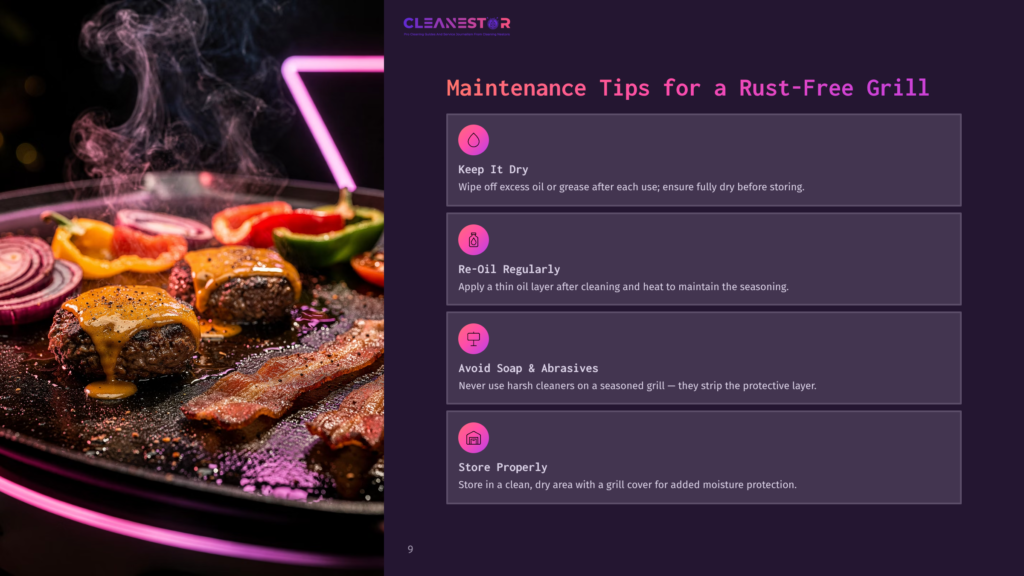 A Grill With Burgers And Vegetables, Surrounded By A Glowing Pink Light, With Maintenance Tips Displayed In A Sidebar.
