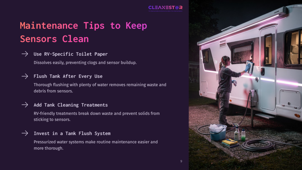 Rv Maintenance Tips: A Woman Cleans The Side Of A Modern Rv At Night, With Purple Led Lights Illuminating The Scene. Text Overlay Lists Tips For Keeping Rv Sensors Clean.