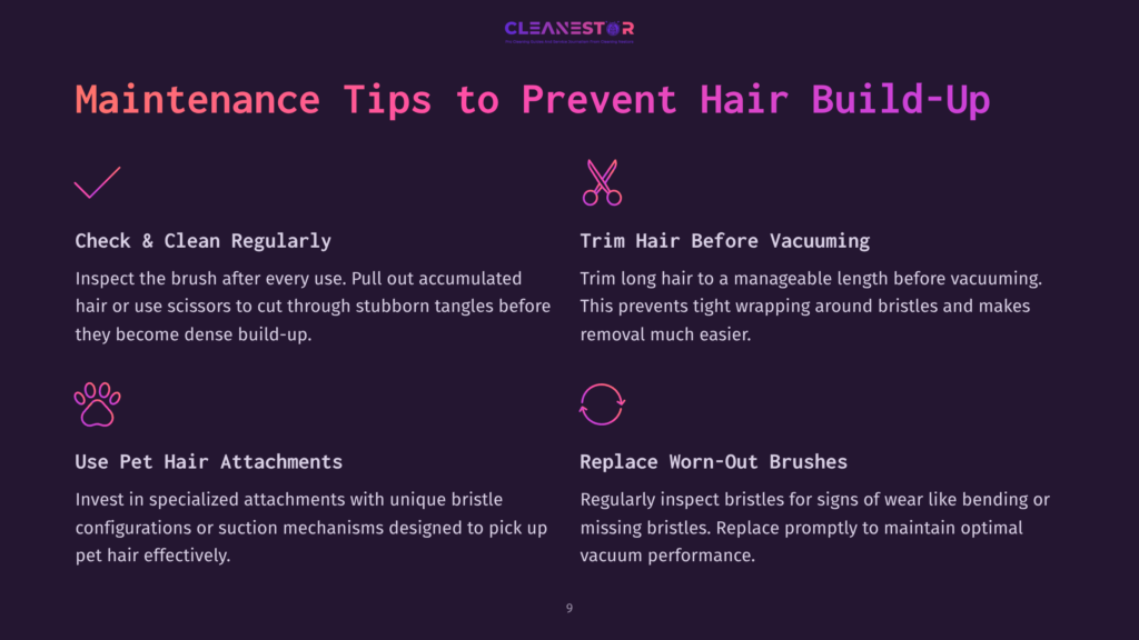 Graphic With Tips To Prevent Hair Build-Up On Vacuum Brushes, Featuring Scissors, A Vacuum, And Text In Purple And White On A Dark Background.