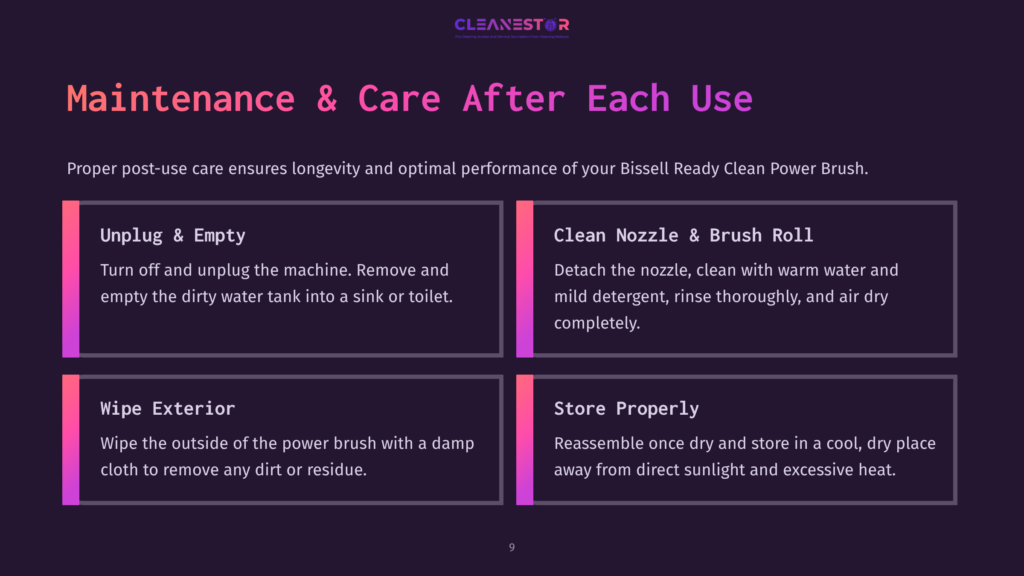 Cleanestor Bissell Ready Clean Power Brush Maintenance Guide: Unplug &Amp; Empty, Clean Nozzle &Amp; Brush Roll, Wipe Exterior, And Store Properly.