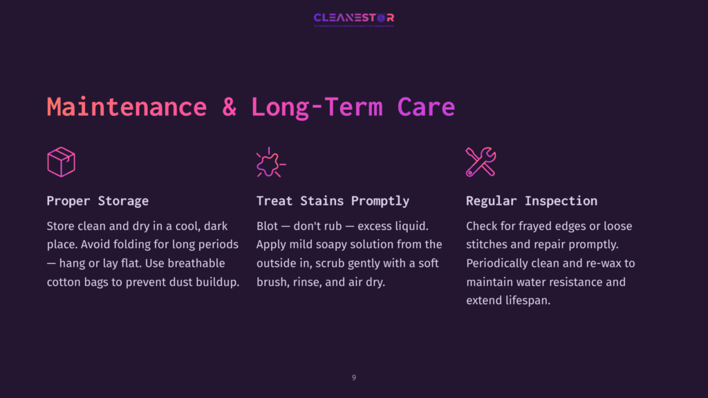Cleanestor Logo With Text &Quot;Maintenance &Amp; Long-Term Care&Quot; And Three Icons With Text: &Quot;Proper Storage&Quot;, &Quot;Treat Stains Promptly&Quot;, And &Quot;Regular Inspection&Quot;.
