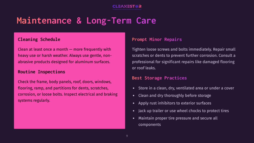 Text On A Blue Background Detailing Maintenance Tips For Aluminum Horse Trailers, With Sections On Cleaning, Repairs, And Storage Practices.