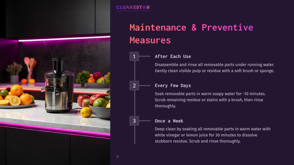 Cleanestor Maintenance Guide Showing A Silver Juicer On A White Countertop With Fresh Fruit And A Purple Led Light Strip.