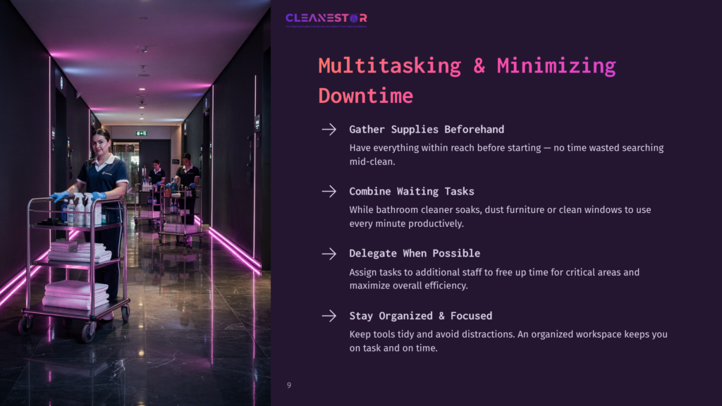 A Cleaner Pushes A Cart In A Hotel Hallway With Purple Lighting, Surrounded By Sleek, Dark Tiles. Text Outlines Cleaning Efficiency Tips.