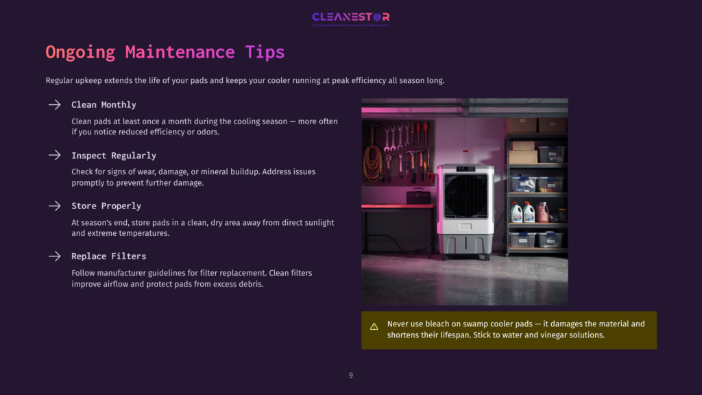 9 Ongoing Maintenance Tips 1 A Large, Portable Evaporative Cooler Sits In A Garage Or Workshop, With Tools And Shelves In The Background. The Cooler Is White And Grey With A Large Fan Grille.