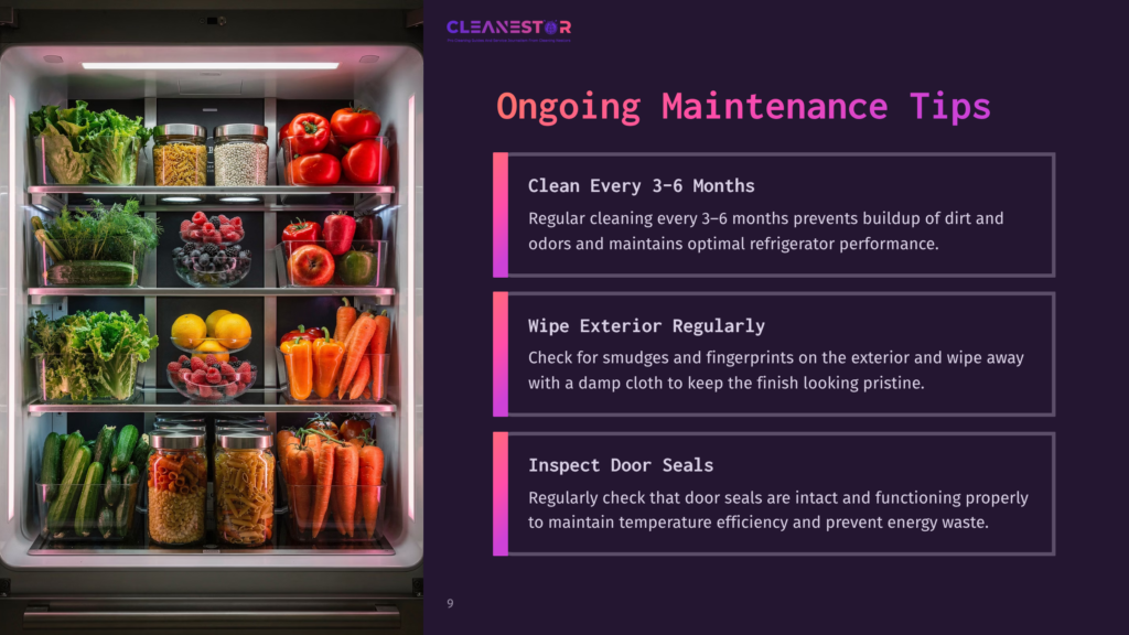An Open, Well-Organized Refrigerator Stocked With Fresh Produce Like Lettuce, Carrots, And Berries, Next To Text Detailing Ongoing Maintenance Tips For Refrigerators.
