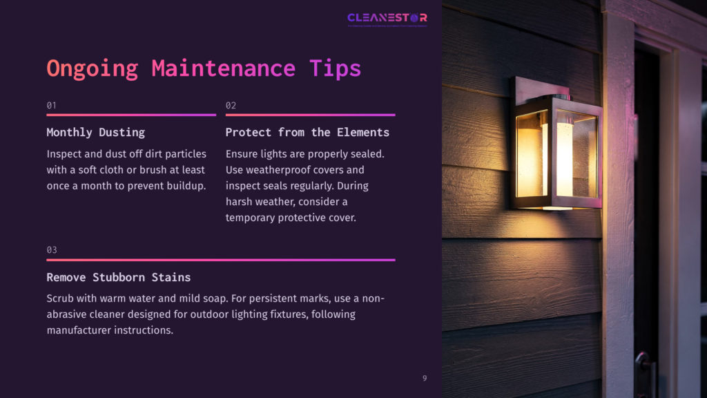 Outdoor Lighting Fixture With A Warm Glow On A Dark, Textured Siding Wall, With Text Overlay About Ongoing Maintenance Tips For Outdoor Lighting.