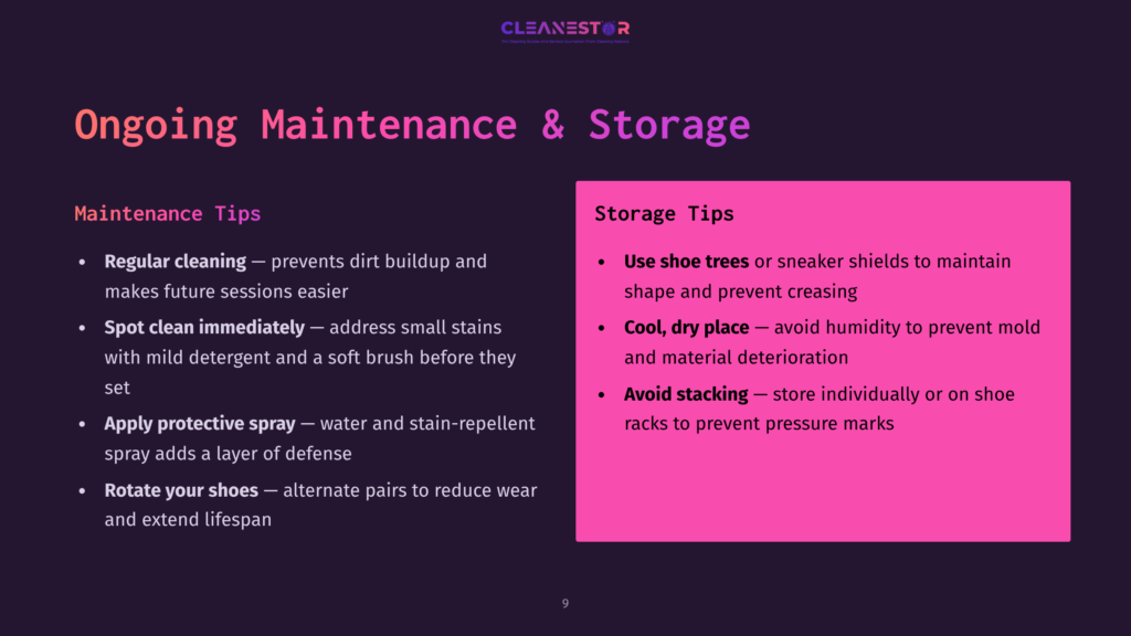 Slide Titled &Quot;Ongoing Maintenance &Amp; Storage&Quot; With Tips For Shoe Care. Left Side Lists &Quot;Maintenance Tips&Quot;: Regular Cleaning, Spot Clean Immediately, Apply Protective Spray, Rotate Your Shoes. Right Side Lists &Quot;Storage Tips&Quot;: Use Shoe Trees, Cool, Dry Place, Avoid Stacking.