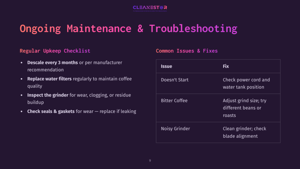 9 Ongoing Maintenance And Troubleshooting 1 Dark Purple Slide With &Quot;Ongoing Maintenance &Amp; Troubleshooting&Quot; And &Quot;Regular Upkeep Checklist&Quot; Sections, Detailing Descaling, Filter Replacement, Grinder Inspection, And Seal Checks, Alongside An &Quot;Common Issues &Amp; Fixes&Quot; Table For Bitter Coffee And Noisy Grinders.