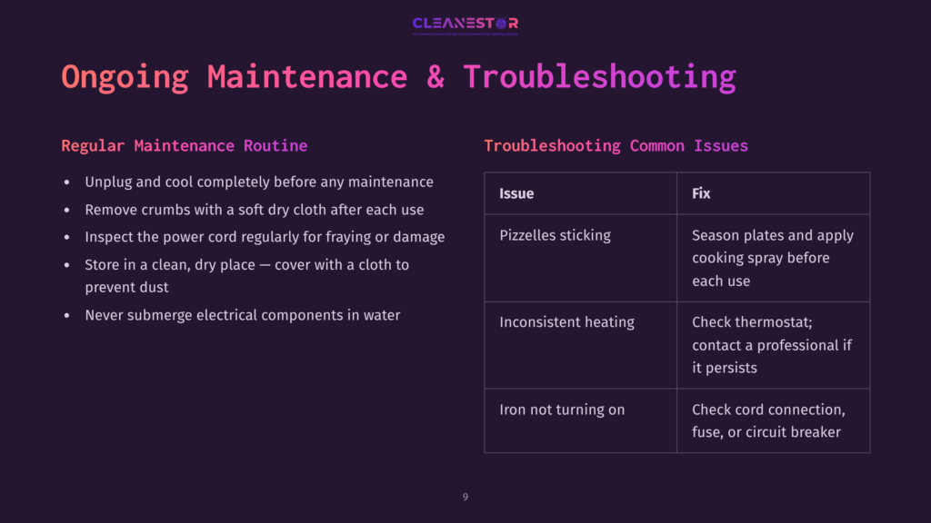 Cleanestor Brand Image Showing Ongoing Maintenance And Troubleshooting For A Cleaning Device. The Image Lists &Quot;Ongoing Maintenance Routine&Quot; With Bullet Points And &Quot;Troubleshooting Common Issues&Quot; With A Table Listing Issues And Fixes.