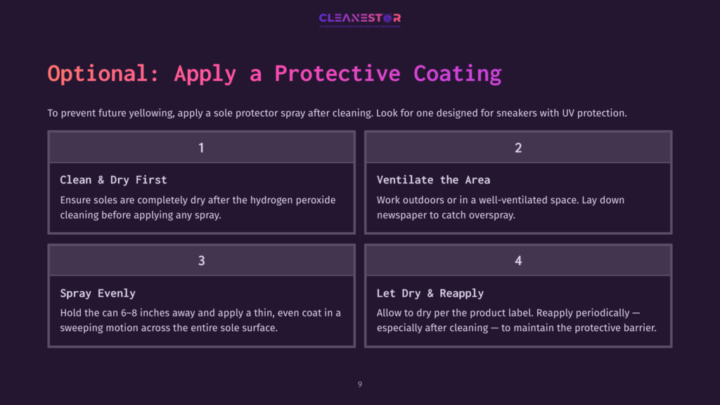 Infographic Titled &Quot;Optional: Apply A Protective Coating&Quot; With Four Steps: 1. Clean &Amp; Dry First, 2. Ventilate The Area, 3. Spray Evenly, 4. Let Dry &Amp; Reapply. Instructions Detail Cleaning Sneakers And Applying A Uv Protection Spray.