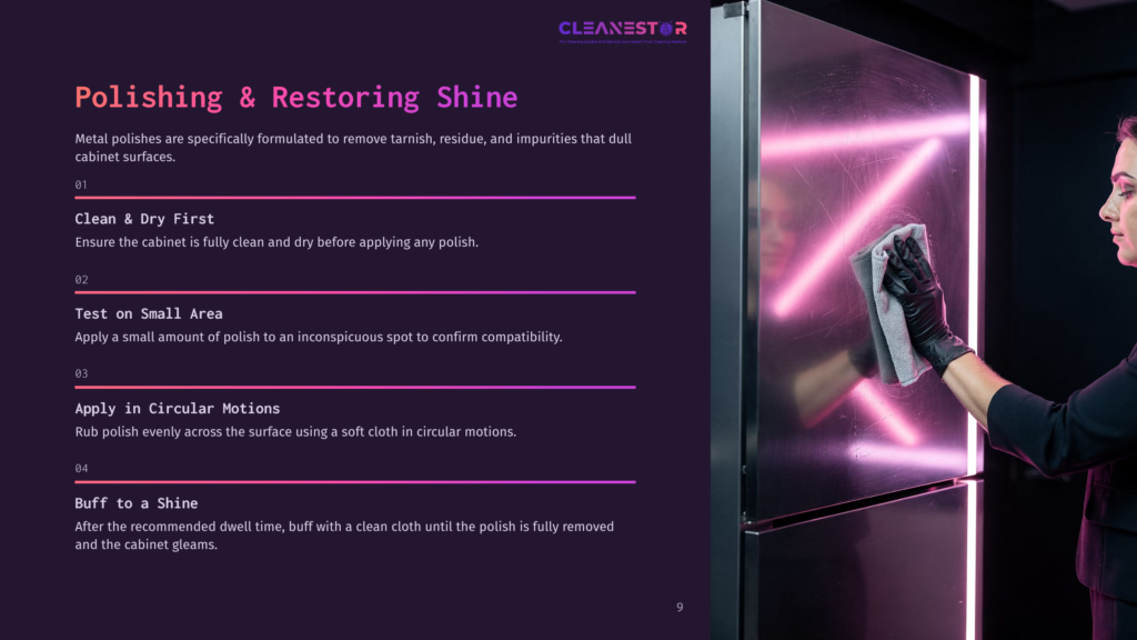 A Person Wearing A Glove Polishes A Metallic Cabinet With A Soft Cloth, Showcasing Reflective Surfaces And A Professional Cleaning Setup.