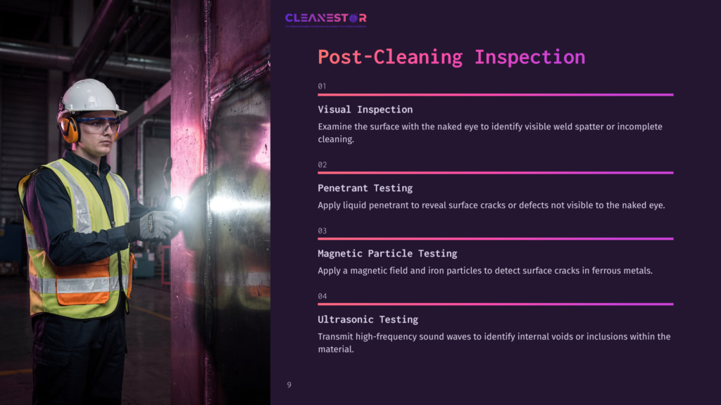 A Man In A Hard Hat And High-Visibility Vest Inspects A Large Metal Surface With A Flashlight, As Part Of A Post-Cleaning Inspection Process, With Text Overlay Listing Inspection Methods Like Visual Inspection And Magnetic Particle Testing.