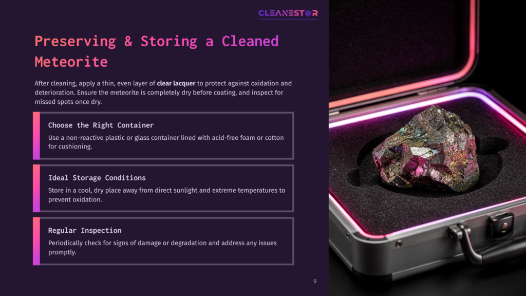 A Cleaned Meteorite Displayed In A Protective Case With Purple Lighting, Accompanied By Text About Preservation And Storage Tips.