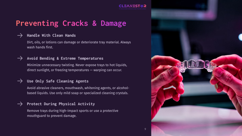 9 Preventing Cracks And Damage Close-Up Of Hands Holding A Clear Dental Retainer, With Text On The Left About Preventing Cracks And Damage To Oral Appliances.