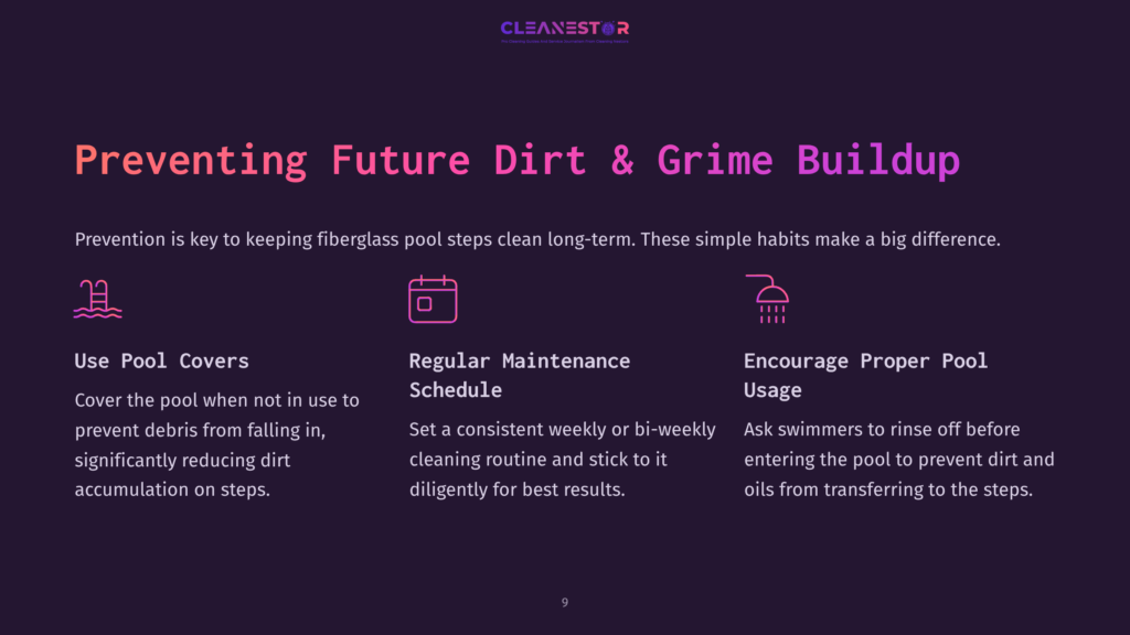 9 Preventing Future Dirt And Grime Buildup Dark Background With Text &Quot;Preventing Future Dirt &Amp; Grime Buildup&Quot; And Three Icons With Descriptions: &Quot;Use Pool Covers,&Quot; &Quot;Regular Maintenance Schedule,&Quot; And &Quot;Encourage Proper Pool Usage.