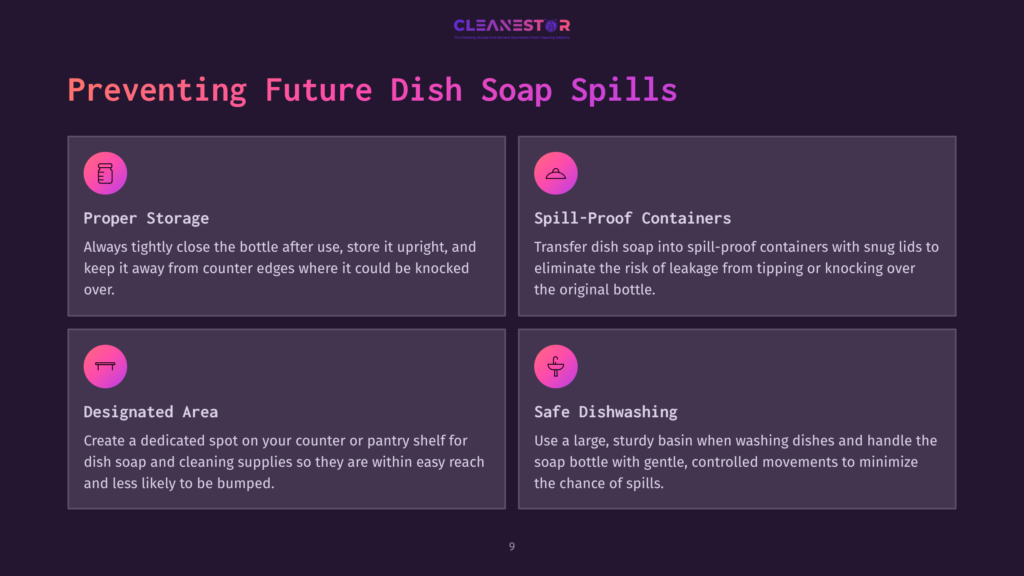 Four Colorful Sections With White Text: Proper Storage, Spill-Proof Containers, Designated Area, And Safe Dishwashing, Each With Key Tips.