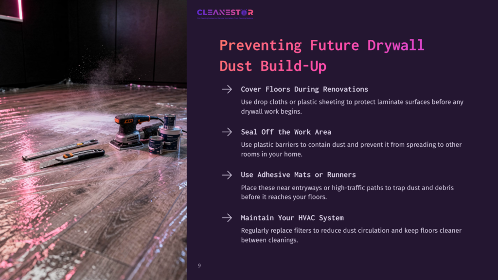 Dust Billows From A Sanding Tool On A Construction Site, Covering Plastic Sheeting And Tools Laid Out On A Wooden Floor. The Cleanestor Logo Is Visible In The Upper Left.