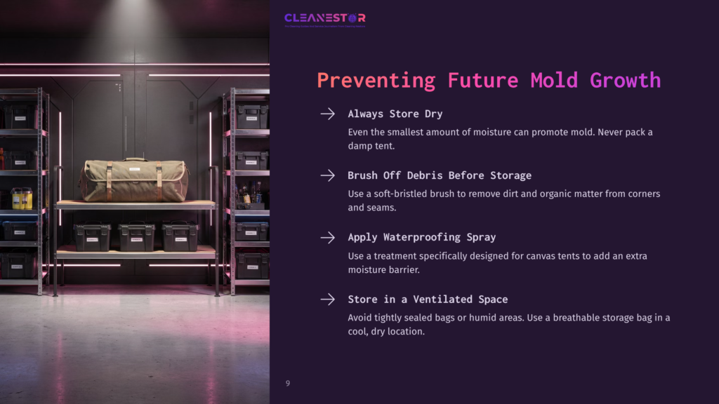 9 Preventing Future Mold Growth A Well-Lit Storage Area With Shelves Holding Bins And Supplies, Featuring A List On The Right Outlining Tips To Prevent Mold Growth.