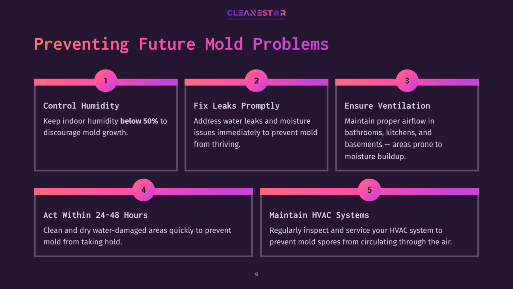 Four Colorful Boxes With Text On A Dark Background Outline Steps For Preventing Mold Problems, Emphasizing Humidity Control, Leak Repair, Ventilation, And Hvac Maintenance.