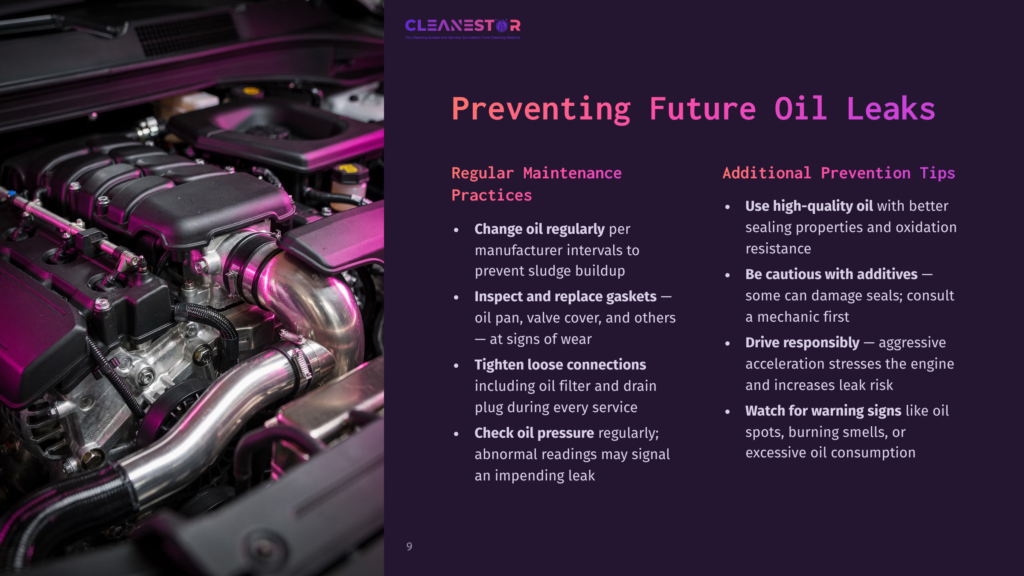 Close-Up Of A Car Engine With Text Overlay: &Quot;Cleanestor Preventing Future Oil Leaks.&Quot; The Image Highlights Engine Components And Lists Maintenance Tips.
